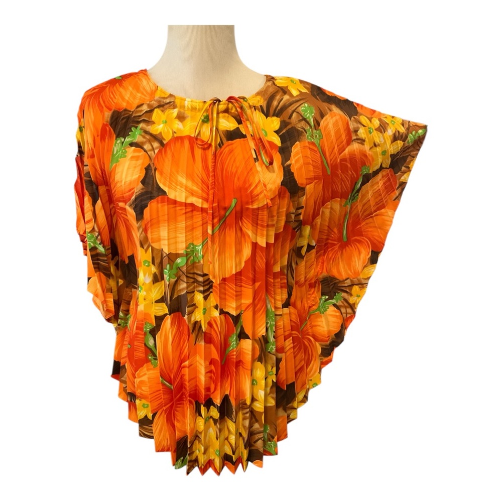 Vtg 70s Pomare Hawaii Psychedelic Neon Hibiscus Pleated Accordion Top Blouse